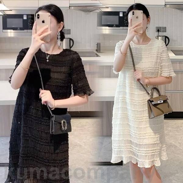 ワンピース ドレス 袖あり フリル レディース きれいめ カジュアル おしゃれ 半袖 大人 可愛い フェミニン ミモレ丈 ひざ丈 ゆったり 体型カバー シンプル リラックス 韓国 ホワイト 白 ブラッ