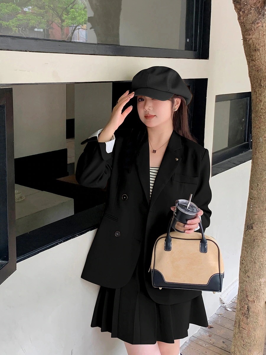 【ぽちゃまに】2025秋品スートセットプリーツ学院風体型カバー大きいサイズレディースセットアップメガ割