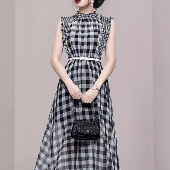 レディース ワンピース 膝下 袖なし ノースリーブ フリル袖 Aライン フェミニン ウエストマーク 透け感 薄手 かわいい 大人可愛い きれいめ シンプル カジュアル 上品 おしゃれ こなれ感 ラフ