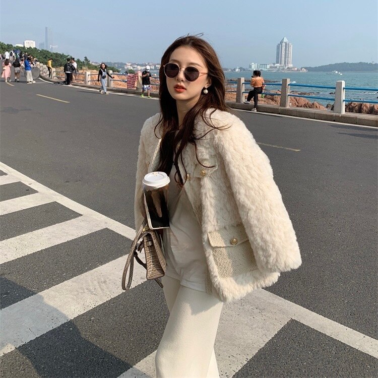 アウター レディース もこもこ クロップド クロップド丈 ツィード ボタン ジャケット 袖あり 暖かい シンプル カジュアル 綺麗め 大人 上品 ラフ ふわふわ ファー おしゃれ お洒落