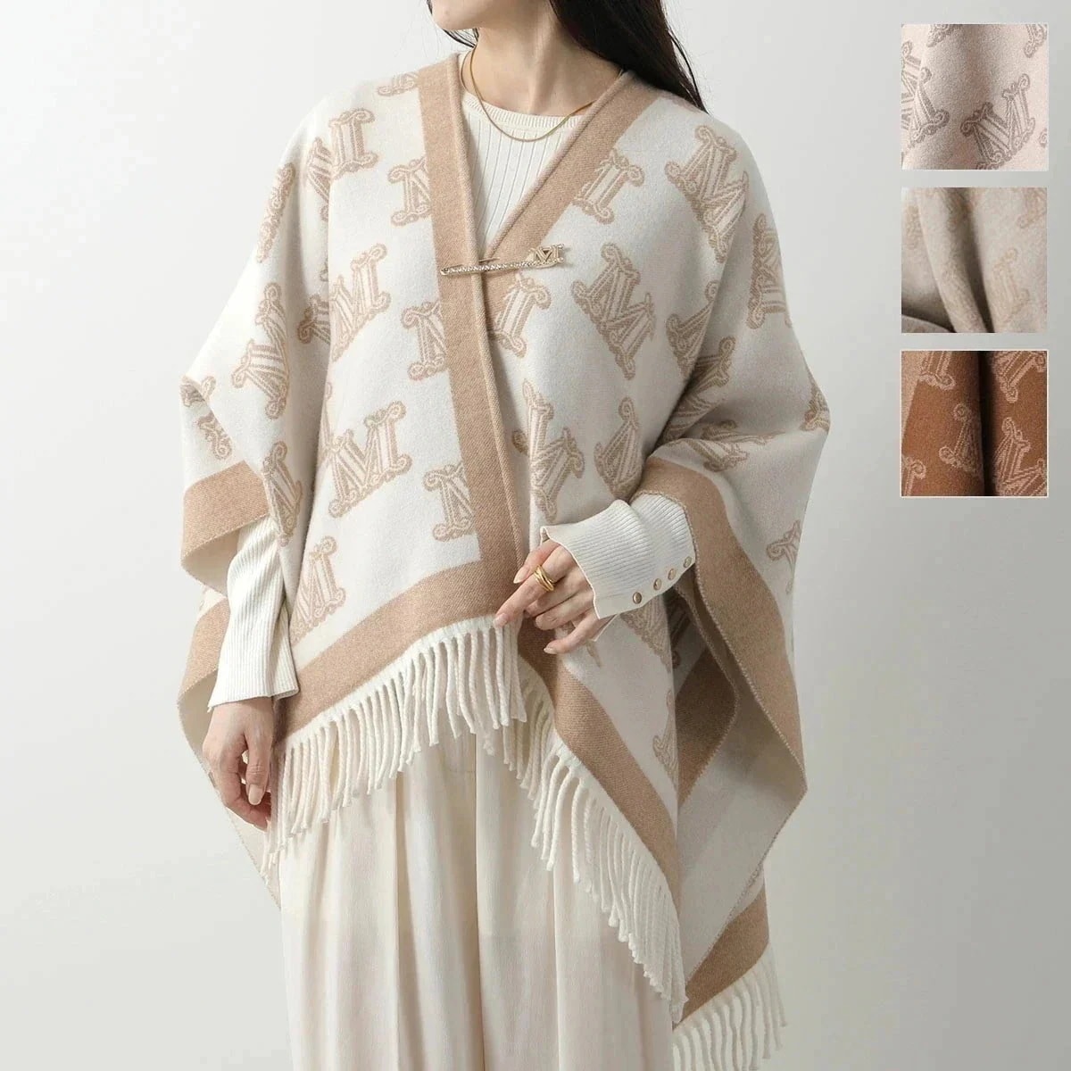 MAX MARA マックスマーラ ケープ FRINE フリンジ レディース ポンチョ ストール ウール ジャガードロゴ フリンジ ピンブローチ付き カラー5色