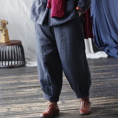 オリジナル　ラミー　麻　冬季　レジャー　婦人服　長ズボン　文芸　ゆったり作り　古　大根　厚　保温綿ズボン
