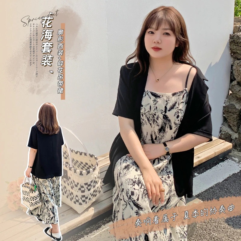 【ぽちゃまに】 夏 スーツワンピースセット 大きいサイズ スーツ＋キャミワンピース 花柄 通勤 体型カバー レディース セットアップ メガ割30%までに制限