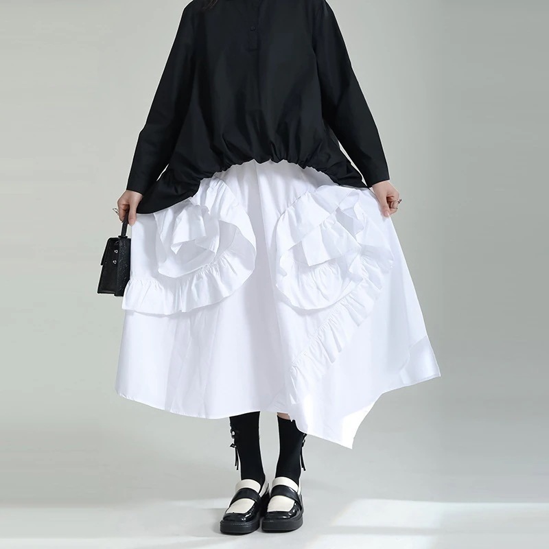 【J.Fashion】 皺デザイン ロングスカート 不規則裾 ゴムウエスト 立体花飾り ドッキング レディーススカート メガ割30%までに制限