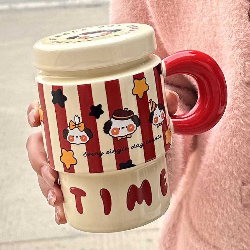 子犬柄セラミックマグカップ蓋付き大容量朝食カップコーヒーカップ女の子への誕生日プレゼントお土産