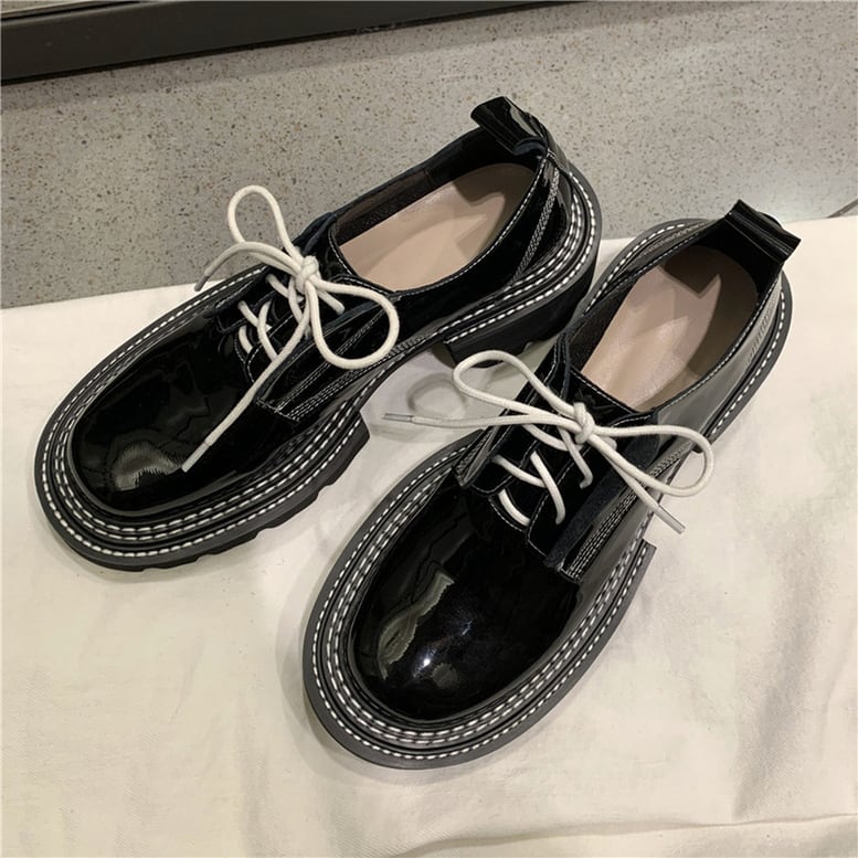 2color レディース 紐靴 レザー ローファー シューズ ラウンドトゥ レースアップ 靴ひも