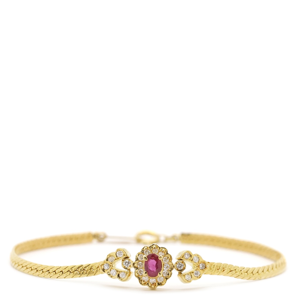 ブレスレット K18YG ルビー ダイヤモンド イエローゴールド Au750 18K ルビー 赤 ダイヤ パヴェ オーバル フラワーモチーフ 花形 フラットチェーン 【中古】