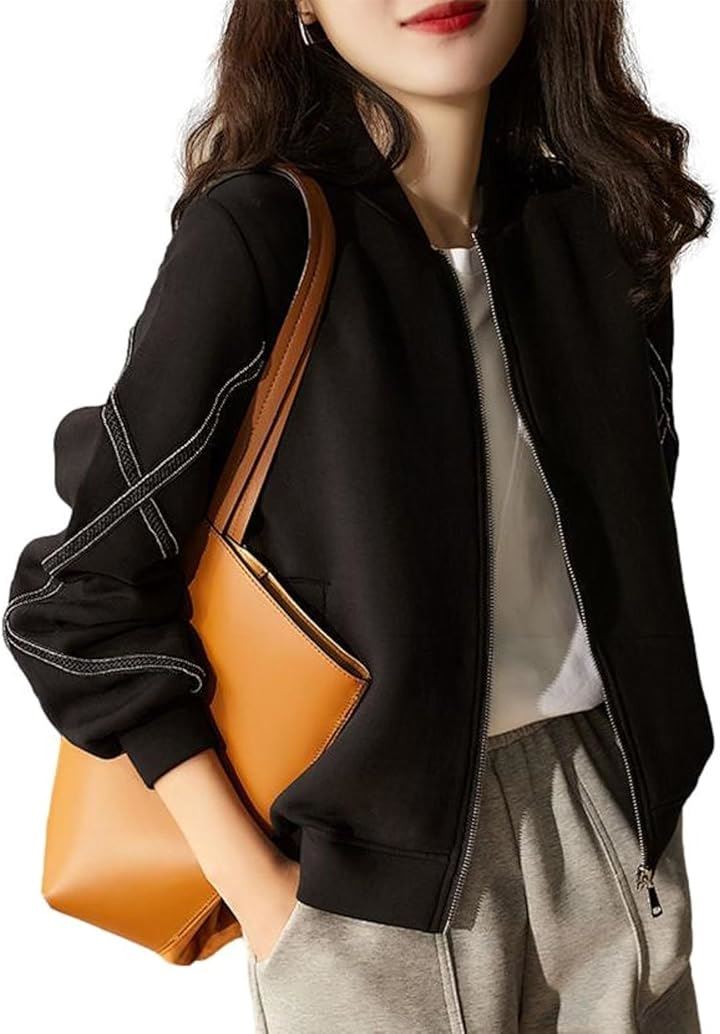 ジップアップブルゾン レディース クロスデザイン袖 ショート丈 アウター オーバーサイズ 裏地なし ハリ素材 ゆったり ジッパーブルゾン 甘辛 辛口 エレガント(ブラック, M)