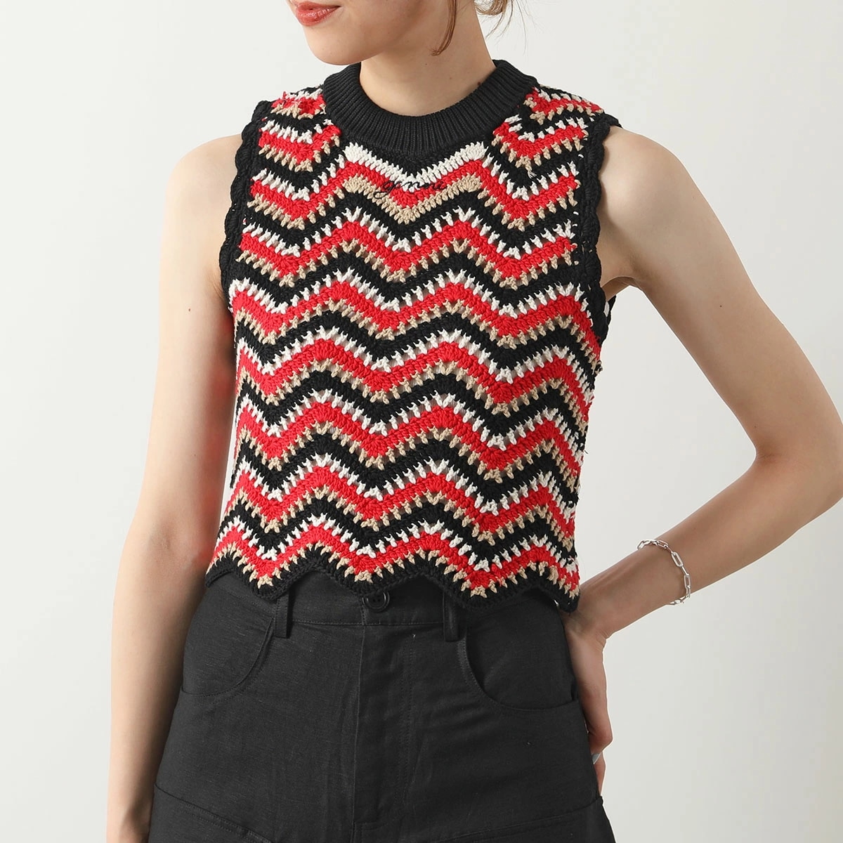 GANNI ガニー ニットベスト Cotton Crochet Vest K2160 2664 レディース クロシェ ノースリーブ ロゴ刺 474/Racing-Red