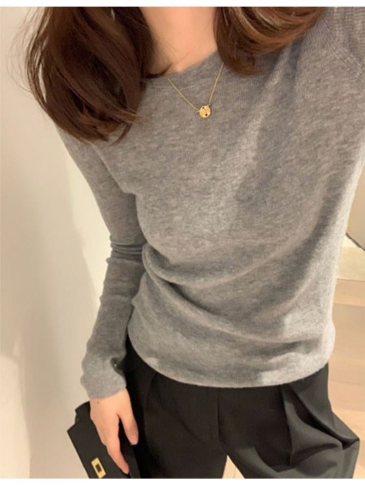 トップス カットソー ニット 長袖 ラウンドネック 細身 伸縮性 リブニット 大人可愛い きれいめ カジュアル 上品 おしゃれ プルオーバー 無地 20代 オルチャン 春 お出かけ こなれ感 ママ