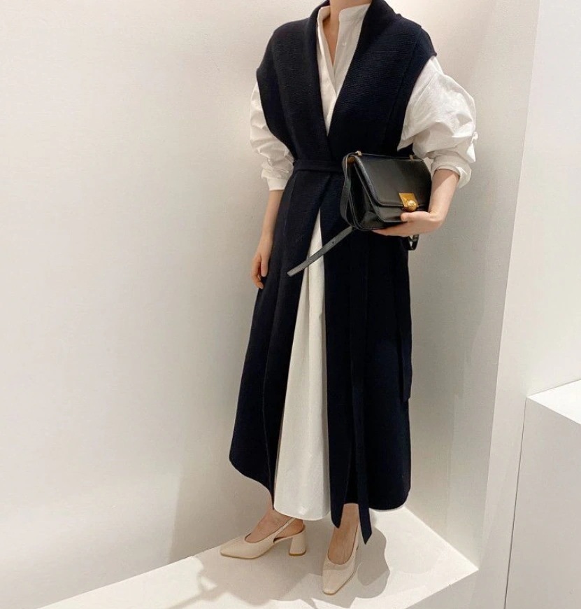 トップス ワンピース ニットソー ベスト シャツワンピース ロング ロング丈 袖あり 長袖 Vネック 襟なし ストレート ベルト ウエストマーク スリット サイドスリット 薄手 2点セット かわいい