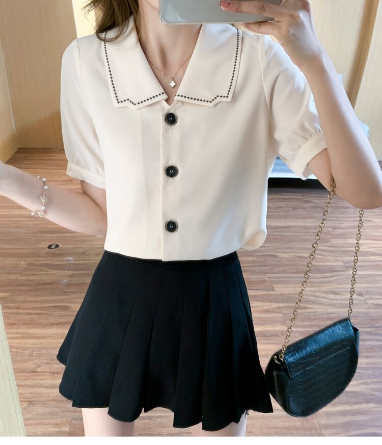 シャツ ブラウス カットソー レディース 半袖 襟付き ライン レトロ ガーリー フェミニン かわいい 大人可愛い きれいめ シンプル カジュアル 無地 学生 デート お出かけ ホワイト トップス