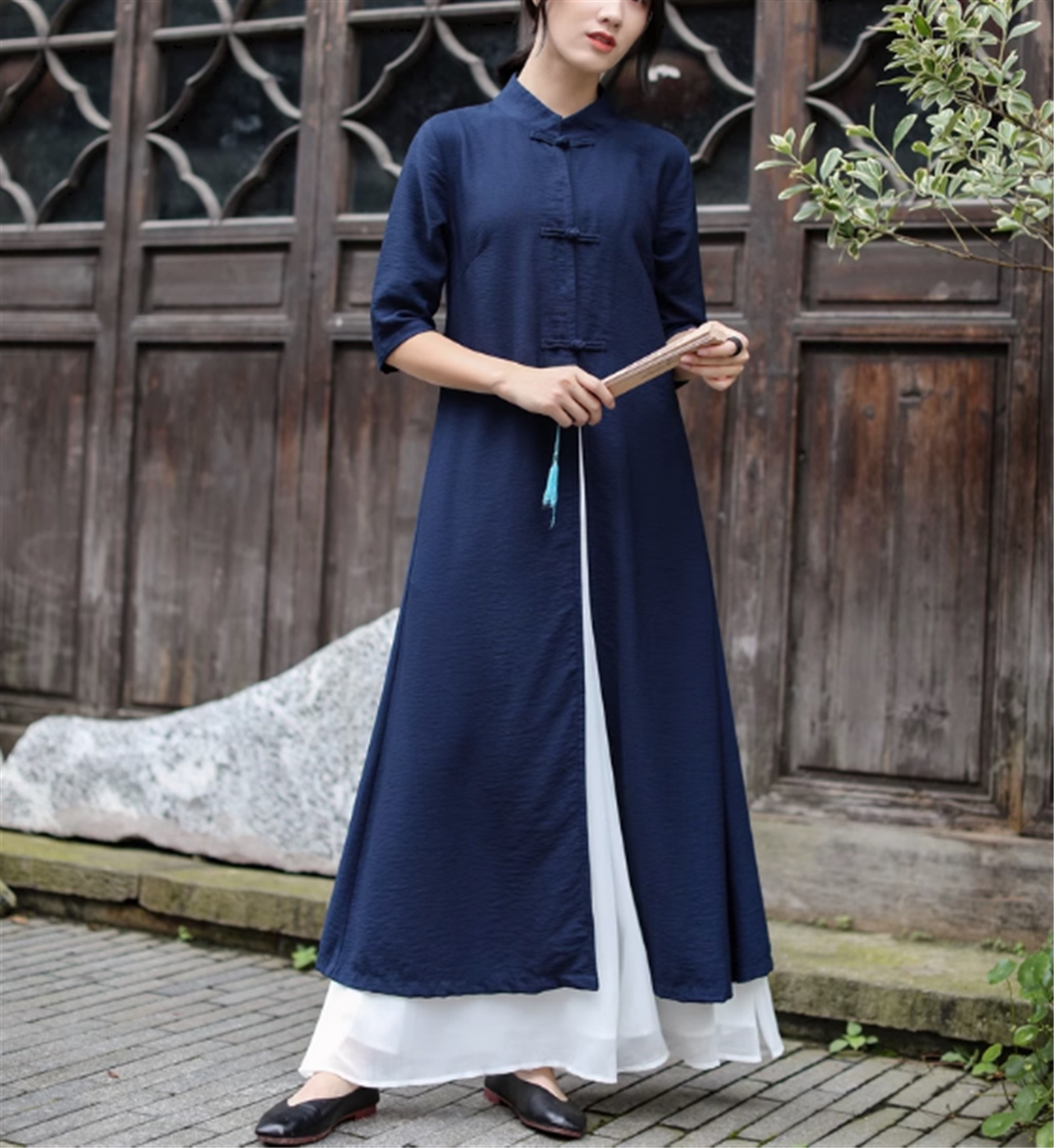 ワンピース チャイナ服 ロング丈 スタンドカラー 6分袖 大人可愛い きれいめ シンプル カジュアル 上品 こなれ感 レトロ 個性的 エレガント 主役級 存在感 春 夏 秋 冬 10代 20代