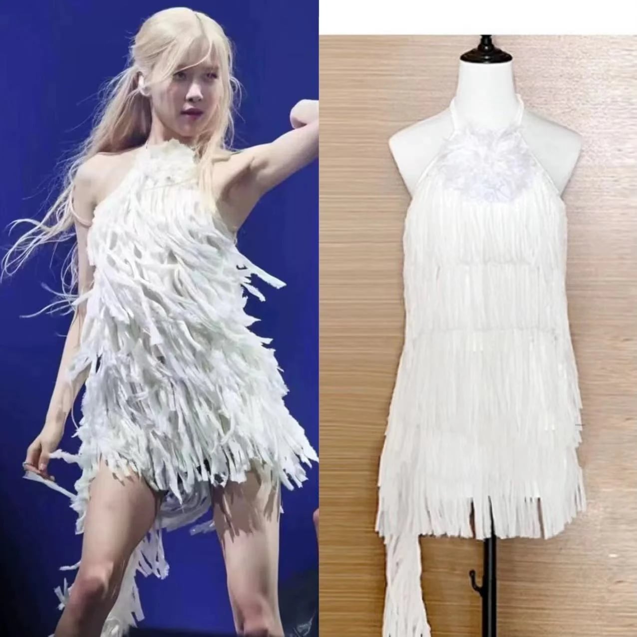 白いホルターネックの背中の開いたタッセルドレスを着たパク・チェヨンのソミコンサート性欲