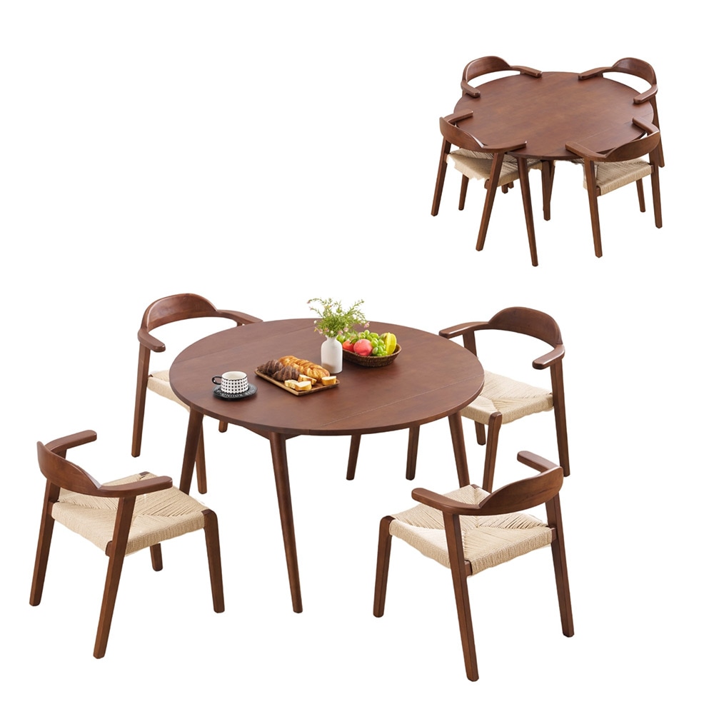 【5点セット】ダイニングテーブル1点×チェア4脚　4人用　伸長式ダイニングテーブル 折りたたみダイニングテーブル 円形 半円形 幅120 伸縮 4人掛け 北欧 コンパクト おしゃれ　多機能テーブル 新