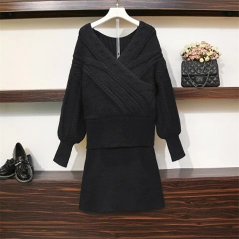 ニットトップス スリム セーター ミニスカート 2点セット大きいサイズ レディース 平干し ニット ニットセーター vネック カーディガン knit sweater