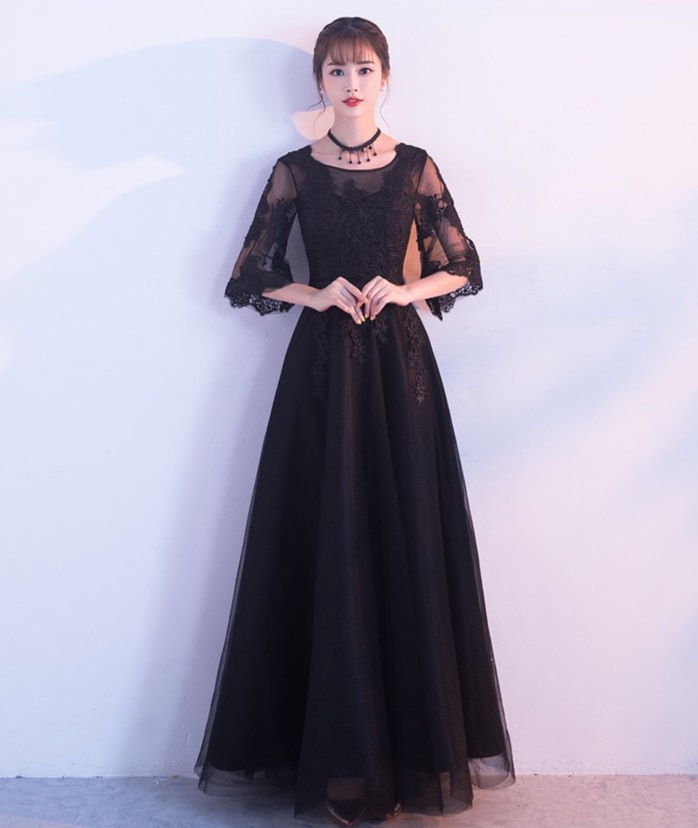 パーティードレスワンピースミモレ丈ロングドレス演奏会袖あり編み上げレース結婚式ドレスピアノ発表会お呼ばれ二次会披露宴フォーマル上品