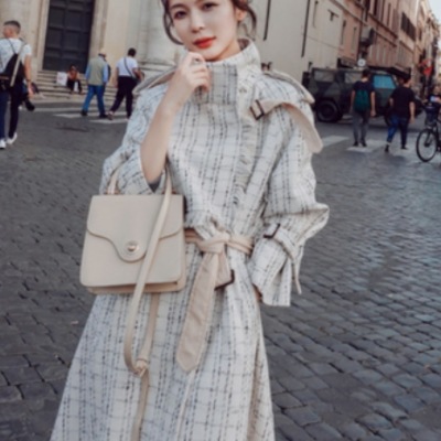 チェック柄ロングコート アウター コート ロング丈 長袖 ボリューム袖 Aライン ベルト