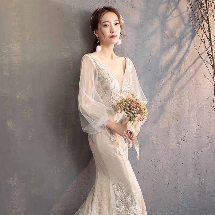 マーメイドドレス ロングドレス 二次会 バックレス ビショップスリーブ シャンパン ウエディングドレス 長袖 結婚式 披露宴 海外挙式 花嫁 ブライダル 海外挙式-598