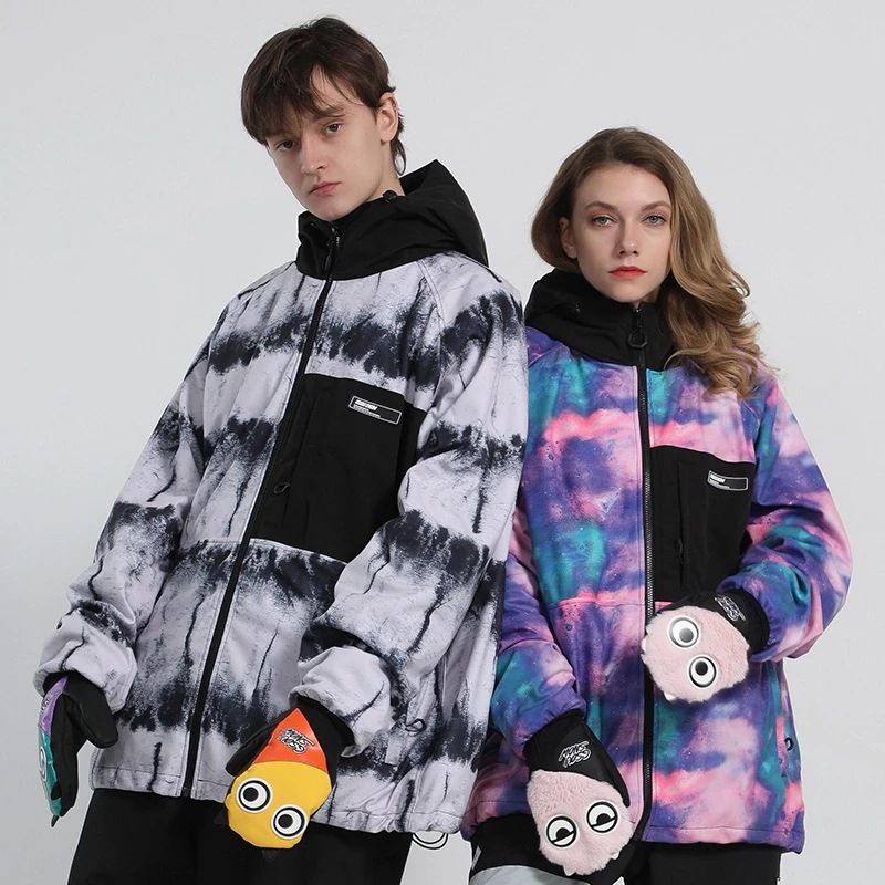 スノーボードウェア ジャケット 単品 レディース メンズ フード付き 絞り染 切り替え スノーウェア スキーウェア スノボ おしゃれ 防風防水防雪防寒保温通気 耐摩擦 韓国