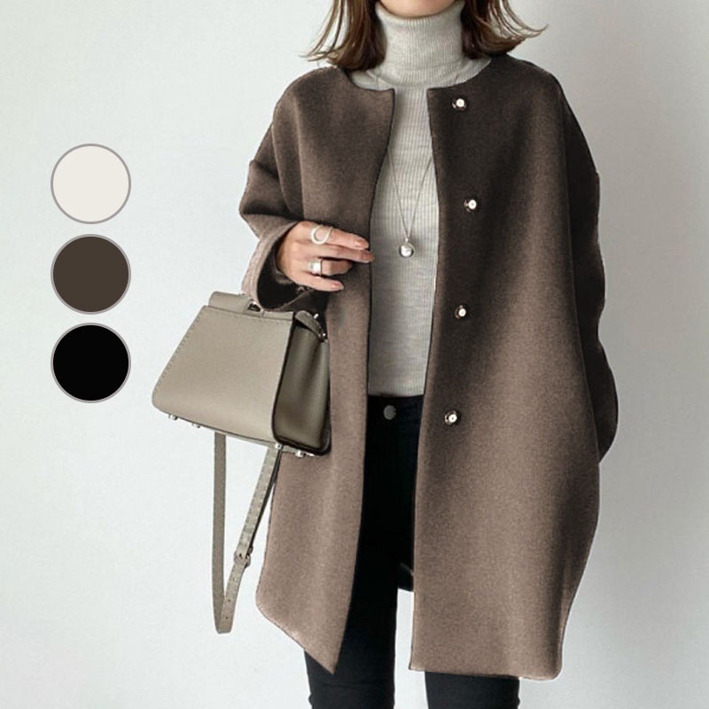 【新作追加】 無地 ラウンドネック シングルブレスト コート