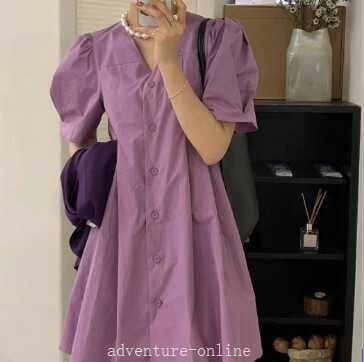 【2025新作入荷】ワンピ ワンピース シンプル ハイウエスト ショート ミニ ボタン レディース ファッション 個性的 無地 パフスリーブ 半袖 Aライン ゆっ