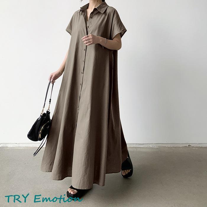 シャツワンピース 夏 レディース 半袖 リネン ワンピース ロング丈 Vネック シンプルワンピース 大人 Aライン 体型カバー