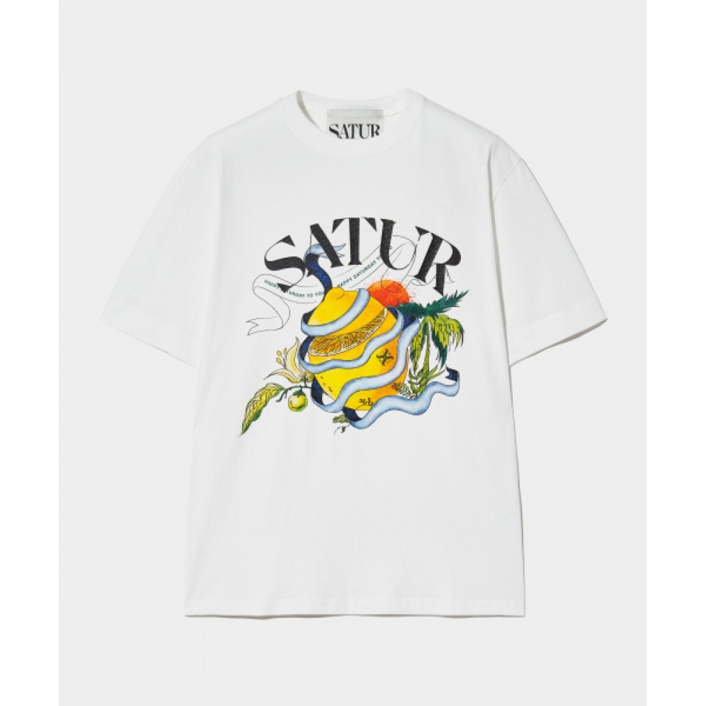 SATUR リボンシトロングラフィックショートスリーブ T シャツセッターデイホワイト
