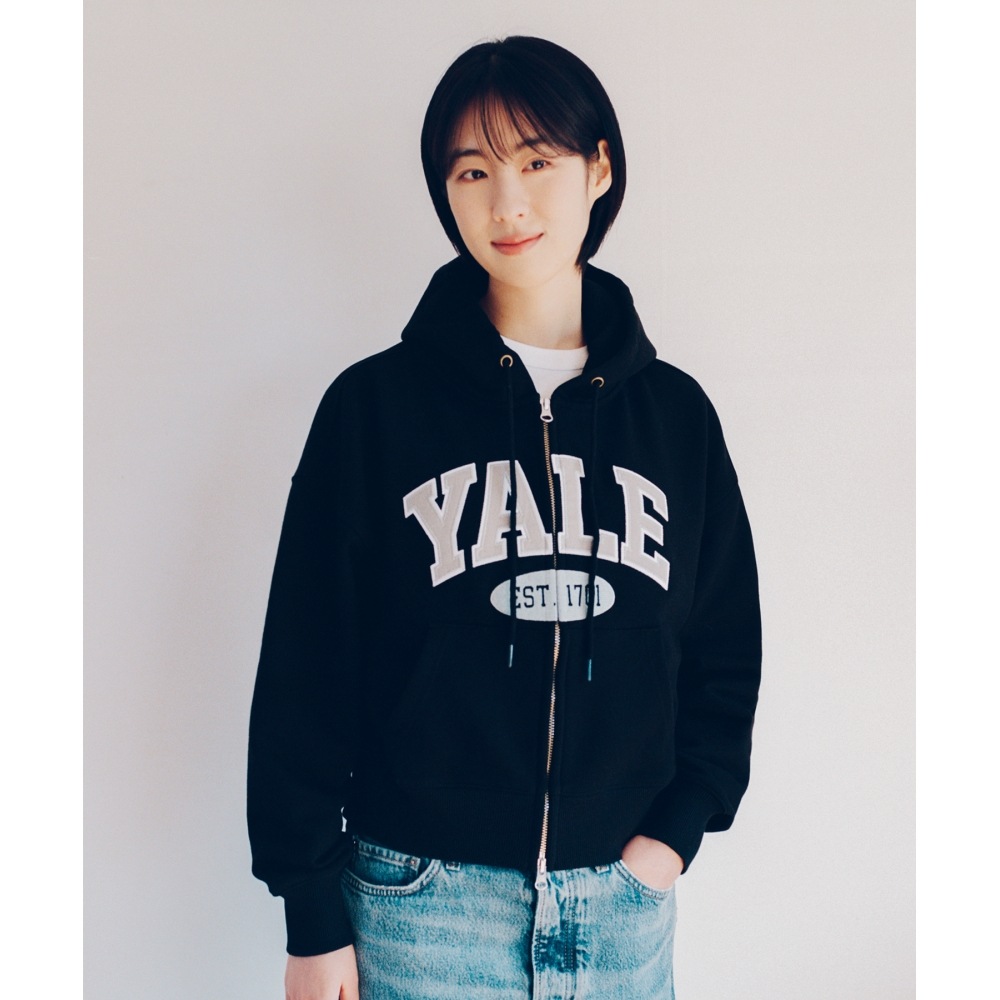 YALE 2トーンアーチクロップパーカージップアップブラック