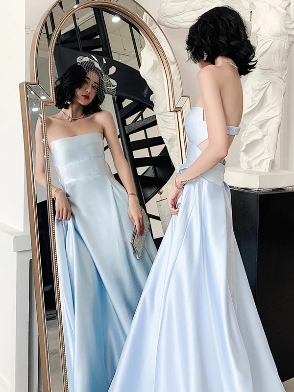 2点購入で200円割引安いカラードレス カクテルドレス パーティードレス ブルー ビスチェ ベアトップ オープンバック フォーマル ロングドレス 結婚式 二次会 発表会 イブニングドレス ゲストドレス