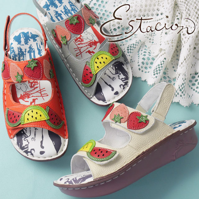 エスタシオン 厚底 サンダル レディース 疲れない ストラップサンダル スイカ いちご フルーツモチーフ 履きやすい 本革 靴 ベルクロ コンフォートサンダル アイボリー オレンジ グレー TH180