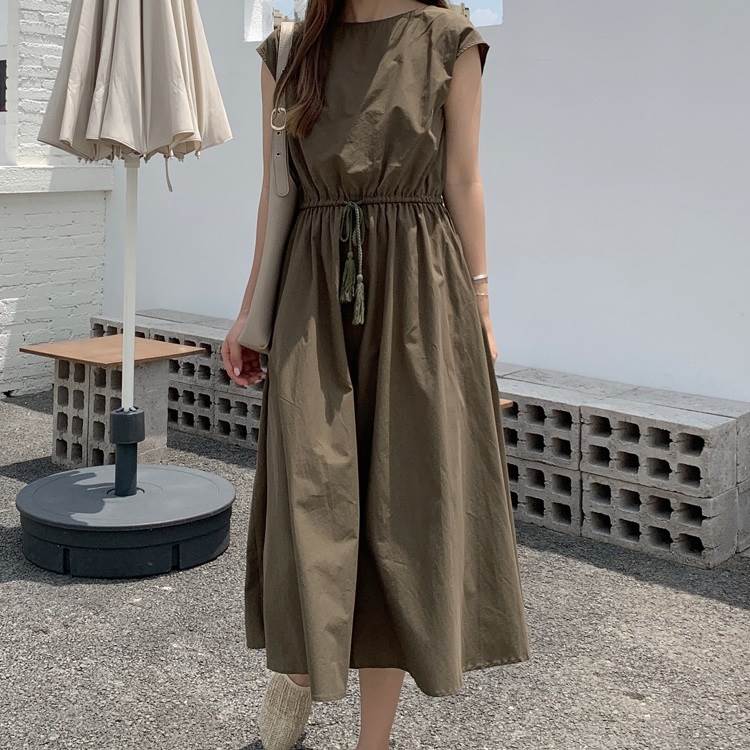 レディース ワンピース ミモレ フレンチスリーブ ラウンドネック フレア Aライン ウエストマーク かわいい きれいめ シンプル カジュアル おしゃれ こなれ感 ラフ 主役級 抜け感 プルオー