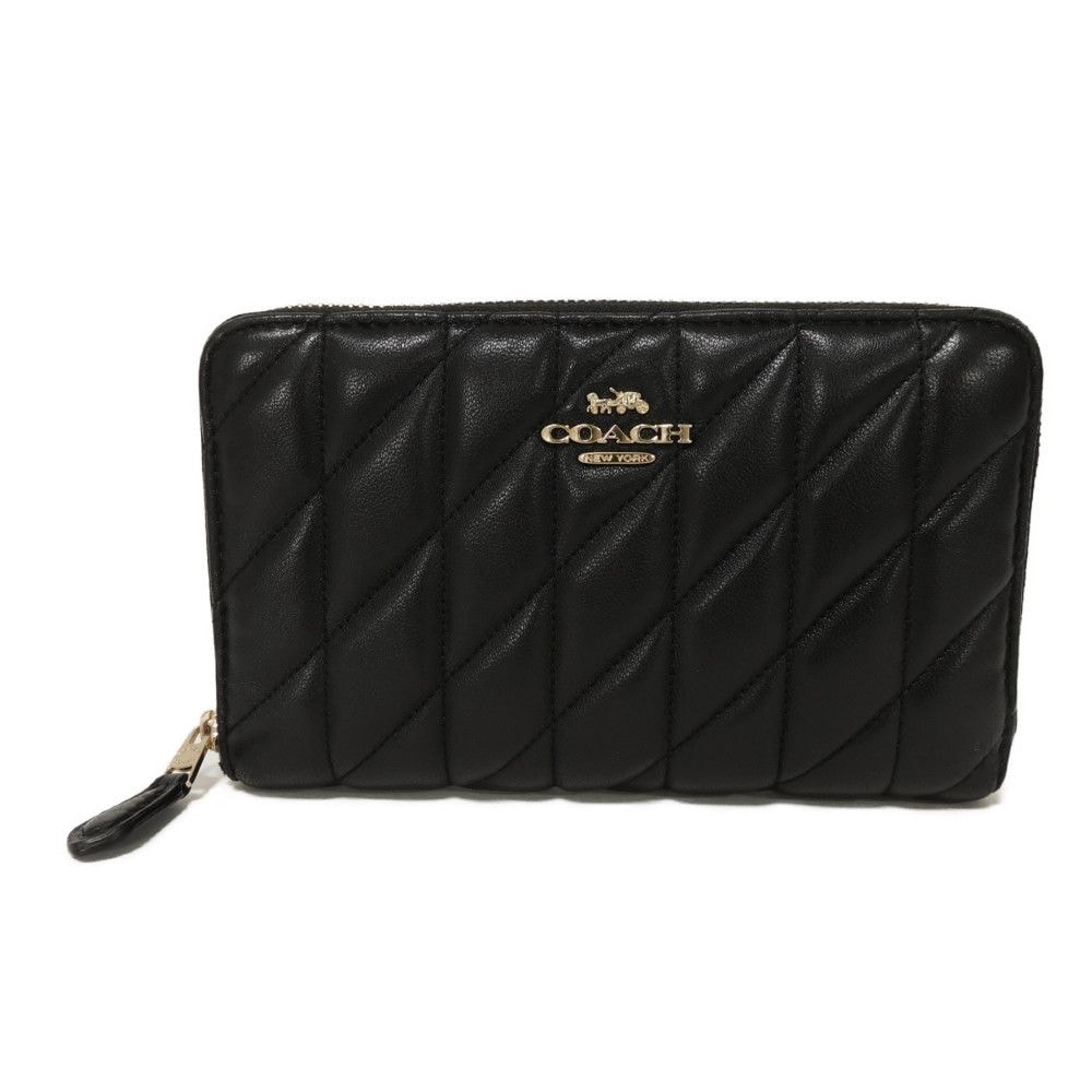 【中古】 二つ折り財布 現行 ラウンドファスナー キルティング ミディアム ID ジップ ウォレット ロゴ メタル CZ339