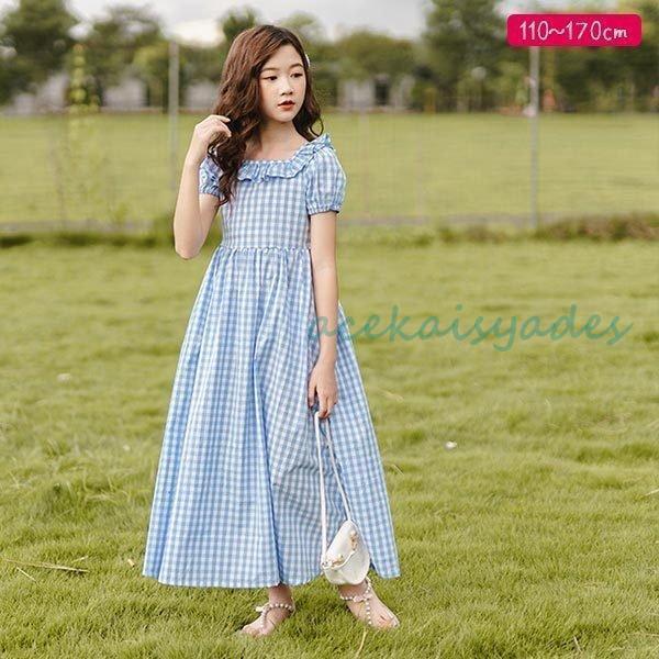 レディース 夏服 こども服 ワンピース 半袖 パフスリーブ バルーン袖 ロングスカート 夏 可愛い チェック柄 ロング マキシ丈 ゆったり 涼しい ガーリー おしゃれ