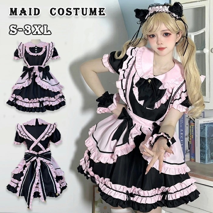 【大人気N0.1】メイド服 可愛い コスプレ 猫 ロリータ 制服 アニメ セクシー 黒 ピンク 半袖 ゴスロリ 大人 レディース メイド 猫耳カチューシャ フリル エプロン バレンタイン 9点セット