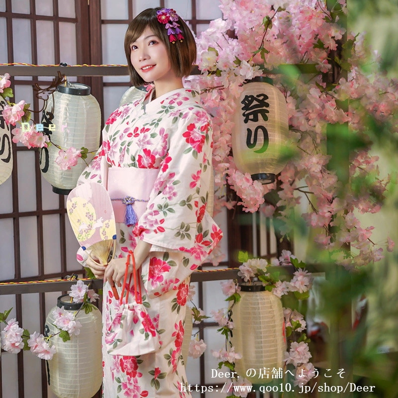 着物 レディー スーツ 和服 伝統 かわいい 和装浴衣女性着物カジュアルモデル純綿素材桜小花着物セット 写真 ドレス