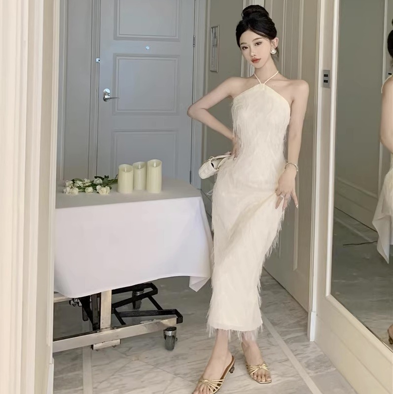 ドレス ワンピース パーティードレス パーティドレス ロングドレス ロング ロング丈 袖なし ノースリーブ ホルターネック スレンダー スレンダーライン フリンジ スリット バックスリット かわいい