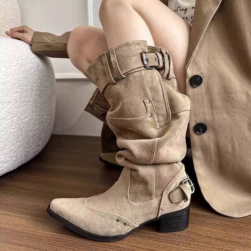 長靴レディースカーキのスパイクブーツ子供の太さとスリムなマーチンスタッズブーツ