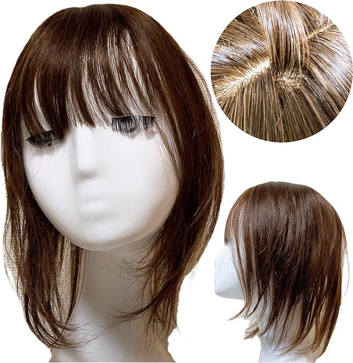 部分ウィッグ ヘアピース 女性 レディース 人毛100% かつら セミロング 35cm トップピース ストレートつむじ 頭頂部 必需品3点セット( ナチュラルブラウン, Free)