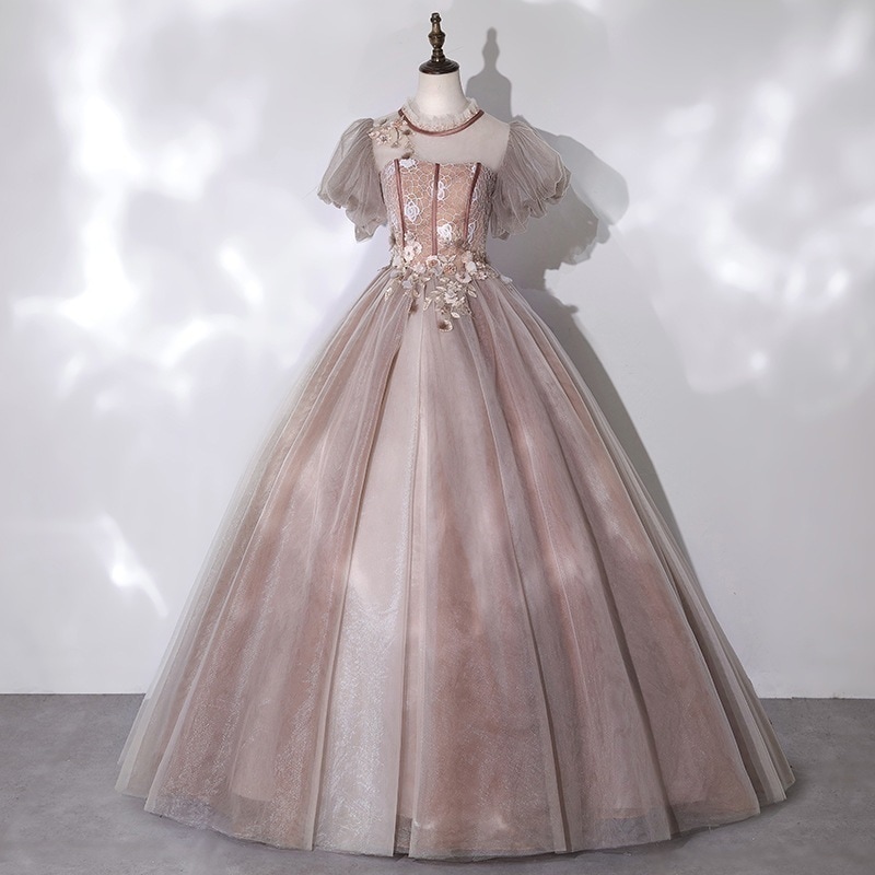 ドレス 二次会　演奏会　発表会　結婚式 ハンドメイド フラワー ワンピース バブル袖 ワンピースレディース 切り替え イレギュラー ドレス ロングワンピース ワンピース ワンピース 結婚式1 2025