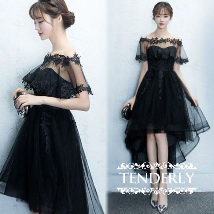 パーティードレス 韓国 ドレス 個性的 ワンピース プチプラ 黒 ブラック 結婚式 フィッシュテール オーガンジー ケープ レース シフォン アシンメトリー 美シルエット エレガント フェミニン 8,880円