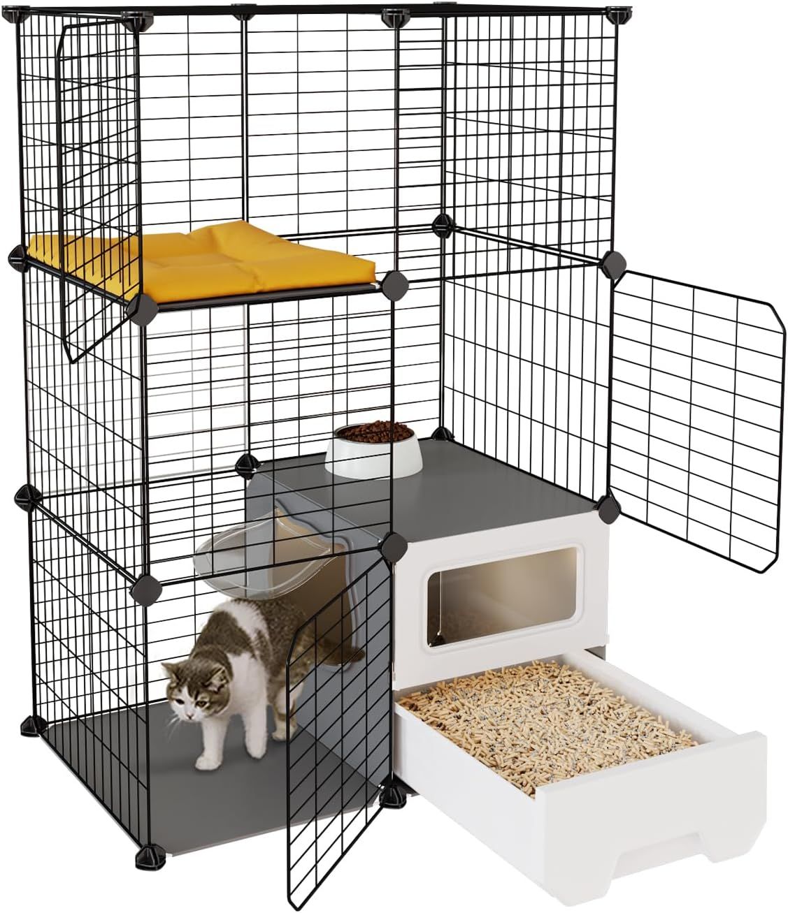 猫 ケージ トイレ付き トイレ一体型 防臭 飛散軽減 2段 子猫 スリム 組立簡単 猫用ケージ 掃除しやすい コンパクト 脱走防止 保護用 室内用 日本語説明書付き ブラック 高さ108×幅72×奥行