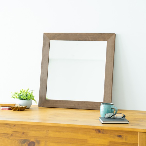 (2枚セット)幅広枠正方形ウォールミラー(50)(アンティークブラウン/茶) 天然木 姿見鏡 ワイド 高級感 木製 飛散防止加工 壁掛け 北欧風 ヴィンテージ 韓国...