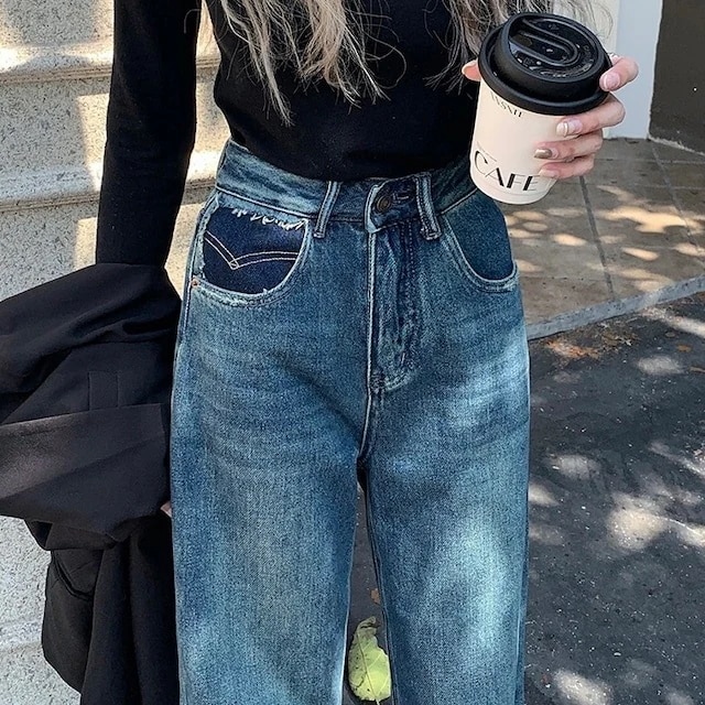 パンツ デニム ジーンズ モップパンツ ステッチ ワイド ストレート ハイウエスト 脚長効果 美脚効果 細見え 春 カジュアル 韓国ファッション レディース お出かけ 5,376円