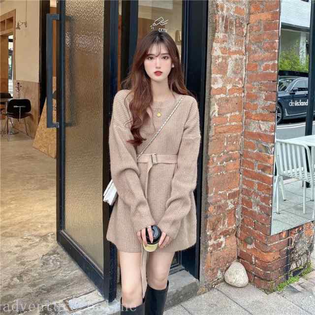 【2025新作入荷】ニットワンピース ミニ丈 ラウンドネック 長袖 ルーズ ウエストマーク 秋冬 大きいサイズ