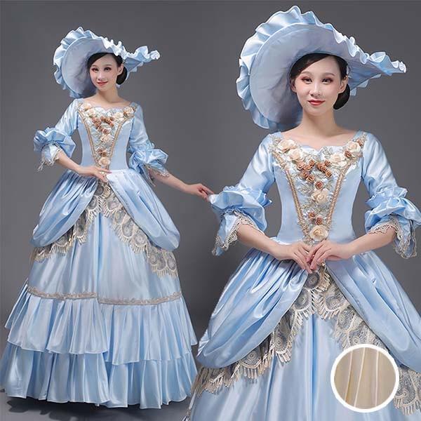 中世 貴婦人ドレス ステージ 衣装 ヨーロッパ 貴族 王族服 ジュリエット カラードレス 演出 パーティードレス 青 シャンパン色