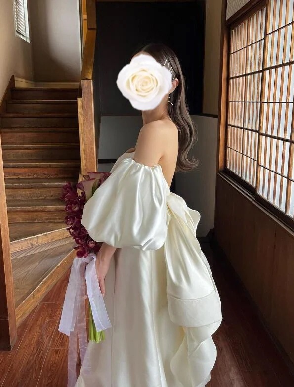 高級サテン ウエディングドレスアレンジ用取り外し袖 アイボリー ショルダーの付け袖 パフスリーブ 色オーダー可能 二の腕を隠せるお袖