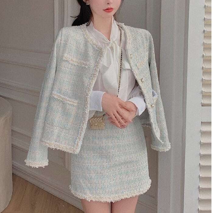 【送料無料】レディース セットアップ スーツ 長袖 ジャケット + スカート パールボタン