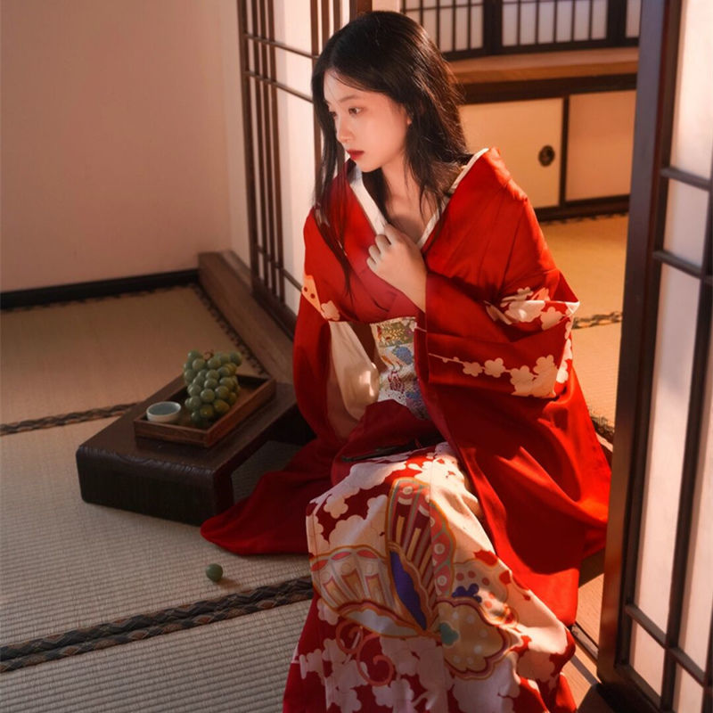着物 レディース フォーマルウェア 伝統的な和と風 改良型 日本の着物 ゆかた 赤 かわいい 女の子 旅行 写真撮影と衣類