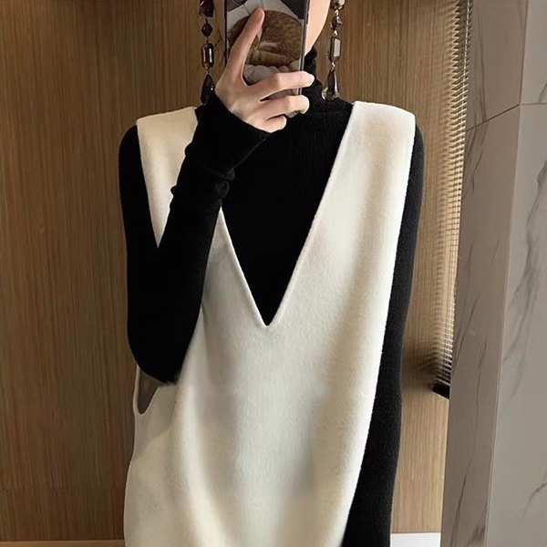 ジャンパースカート Vネック ジャンバースカート ジャンパースカート秋冬 ジャンバースカート秋冬 ノースリーブワンピース 秋冬 ワンピース ニットワンピース ミモレ丈 韓国 サイドスリット Aライン